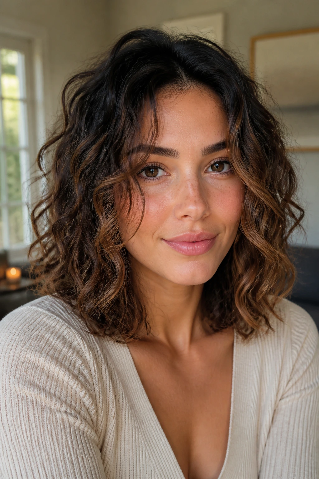 Close-up of a real woman with face-framing layered lob hairstyle.
