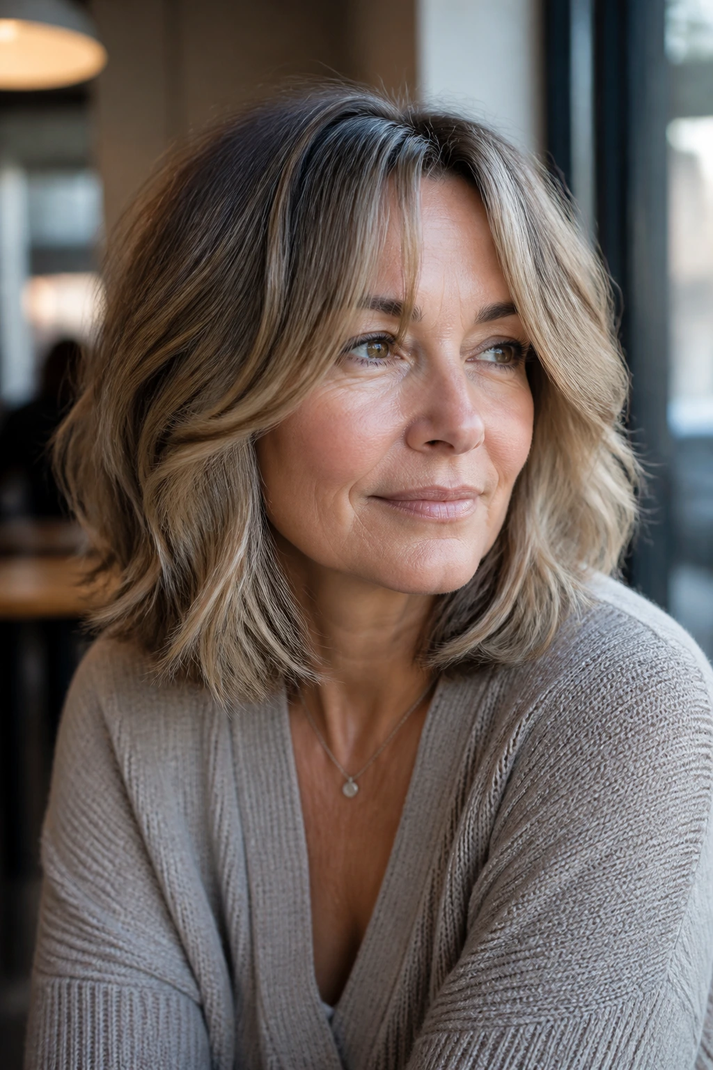 Close-up of a real woman with layered lob and curtain bangs.