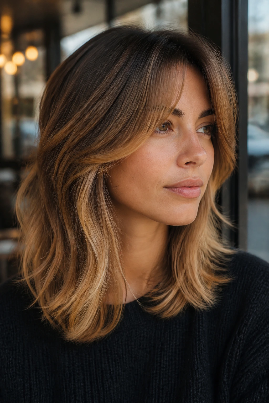 Portrait of a woman with layered lob and curtain bangs and golden ends.