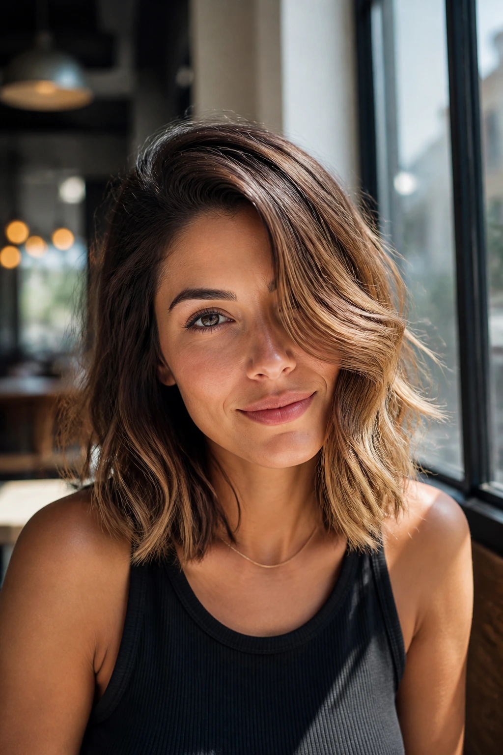 Close-up portrait of a real woman with a layered lob and deep side part showing lift and movement in waves