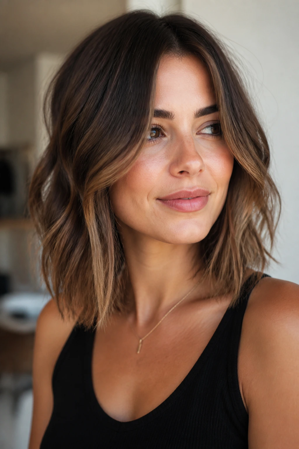 Real woman with layered lob and face-framing pieces in natural light