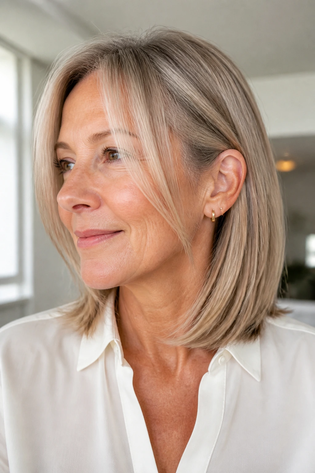 Close-up of a real woman with layered lob and face-framing pieces