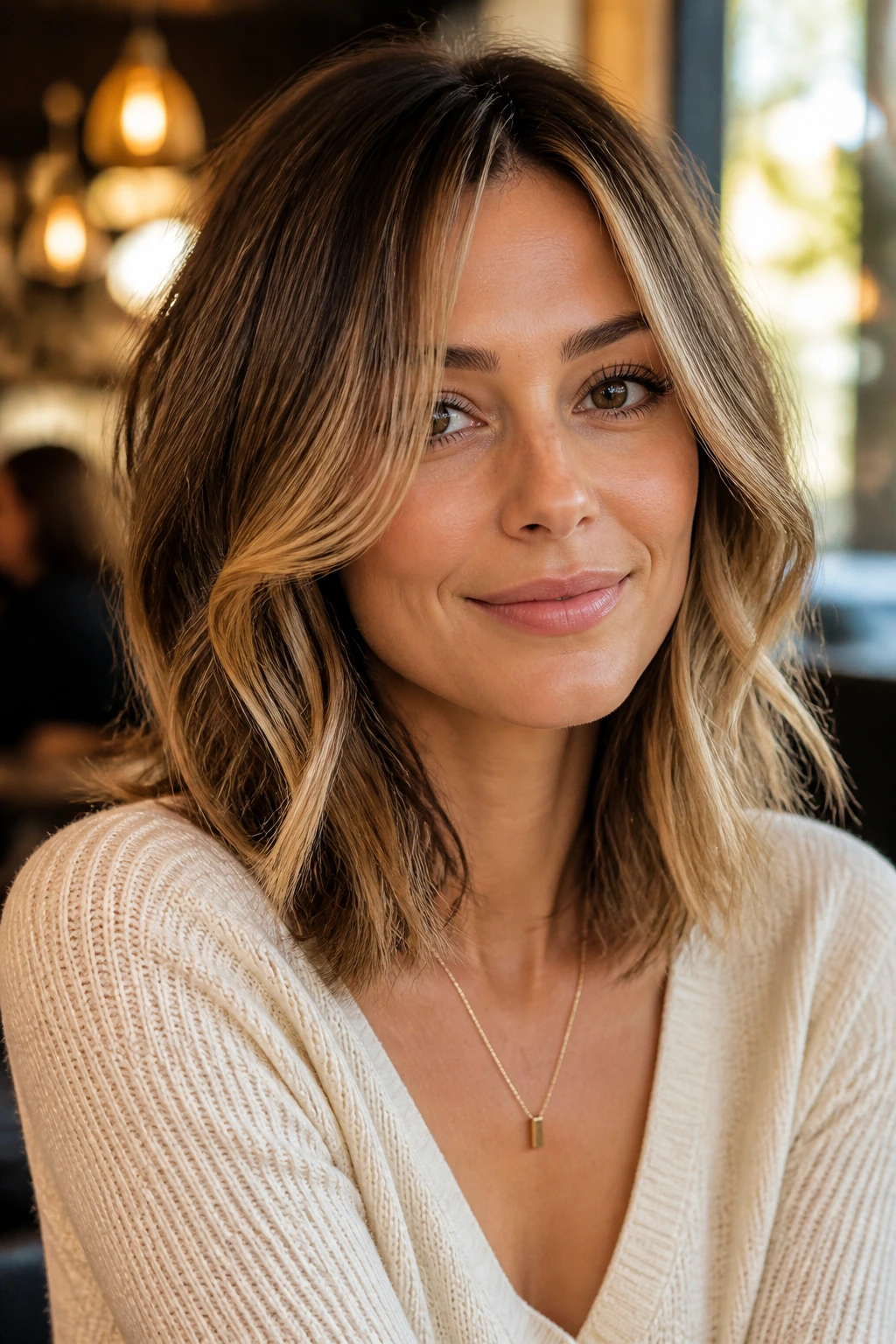 Portrait of a woman with layered lob and face-framing ribbons in a cafe