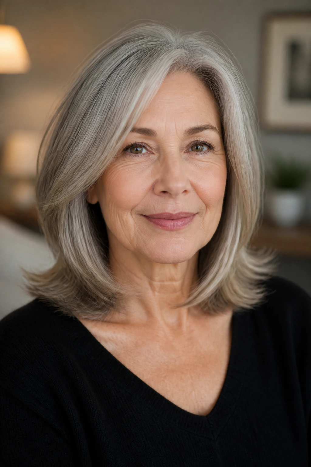 Close-up of a real woman with layered lob and flipped ends