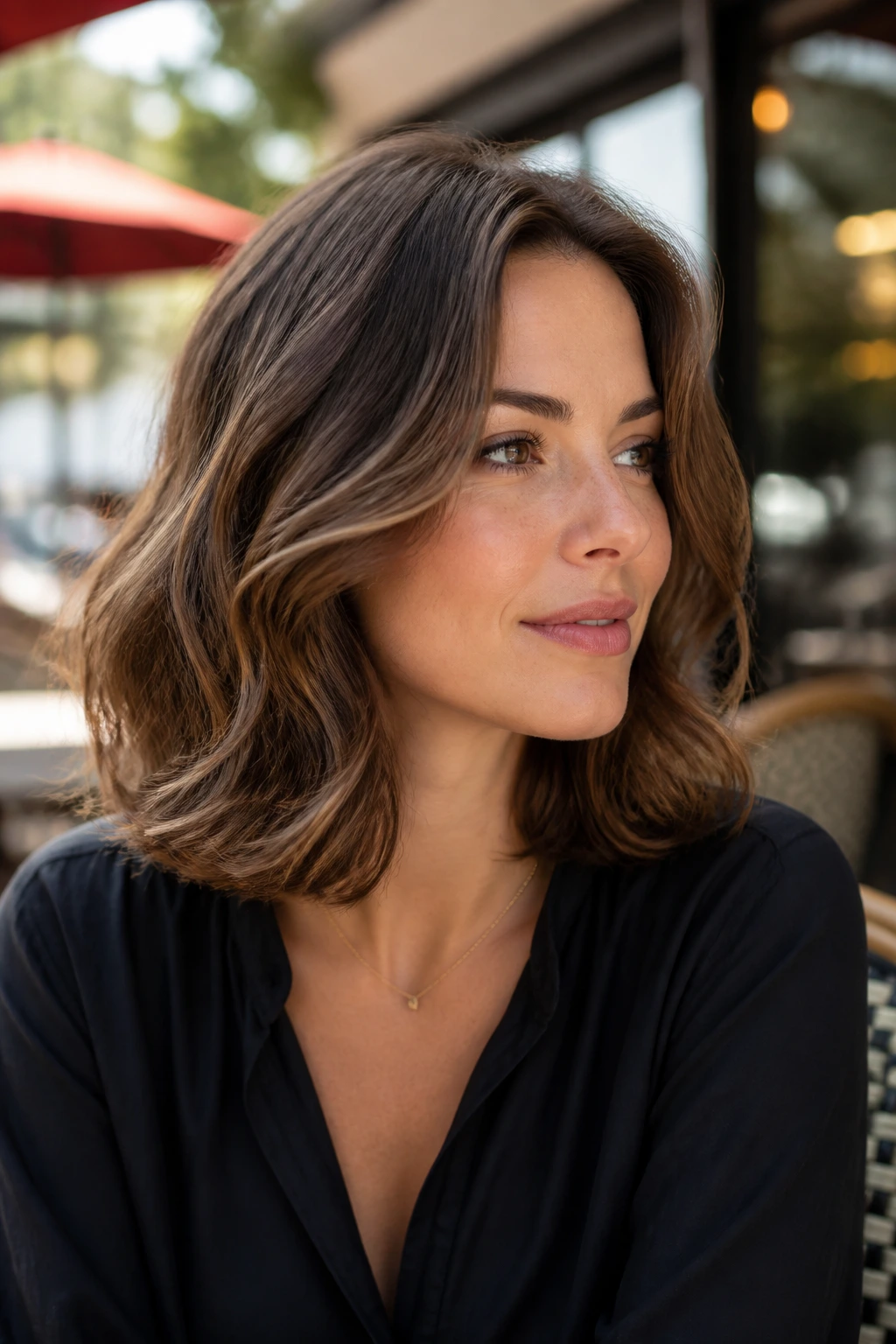Close-up portrait of a real woman with layered lob and gentle flip ends in natural daylight.