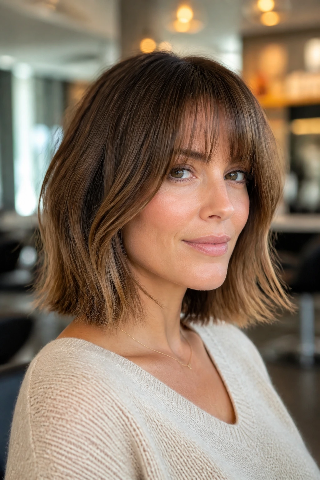 Close-up of a real woman with layered lob and soft fringe grazing cheekbone in warm salon light