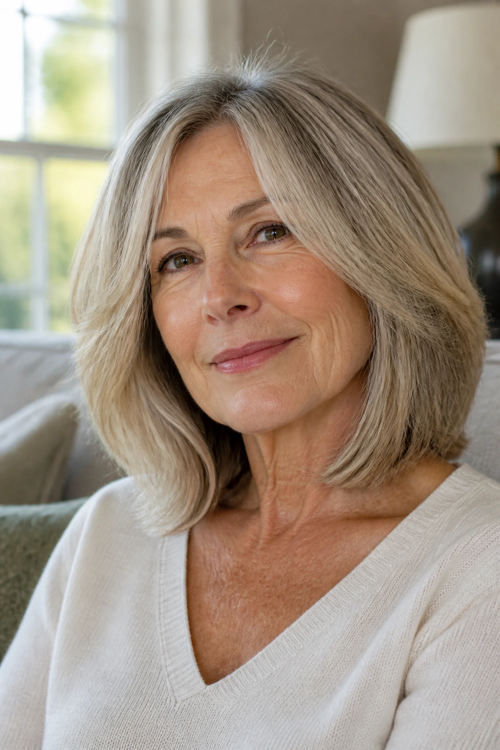 Close-up of a real woman with a layered lob hairstyle at collarbone length in a bright living room