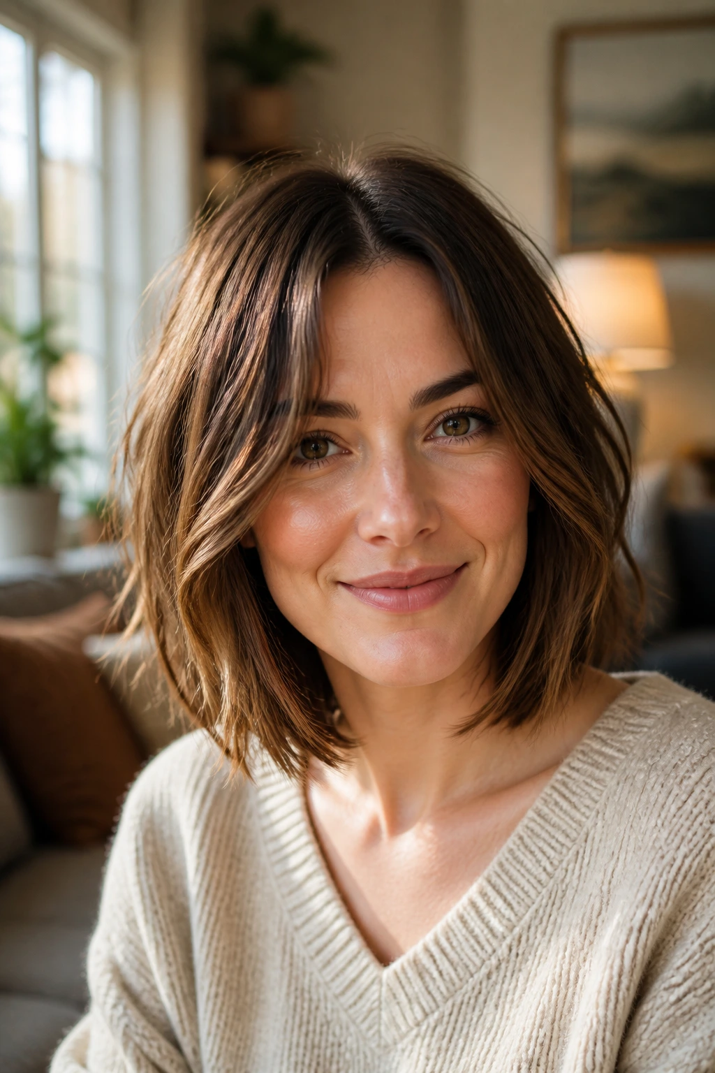 Close-up portrait of a real woman with layered lob hairstyle showing density and face framing