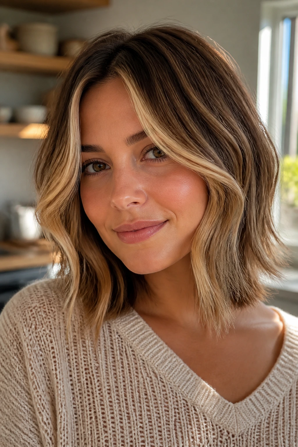 Portrait of a woman with layered lob and light face-framing highlights.