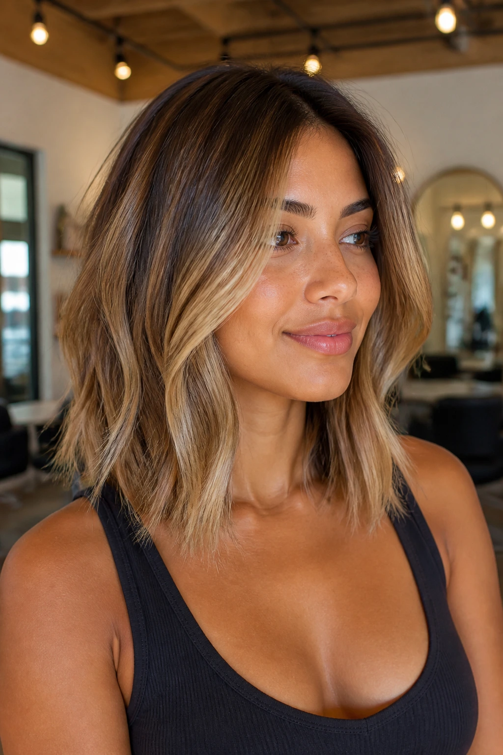 Medium close-up of layered lob with honey melt on a real person