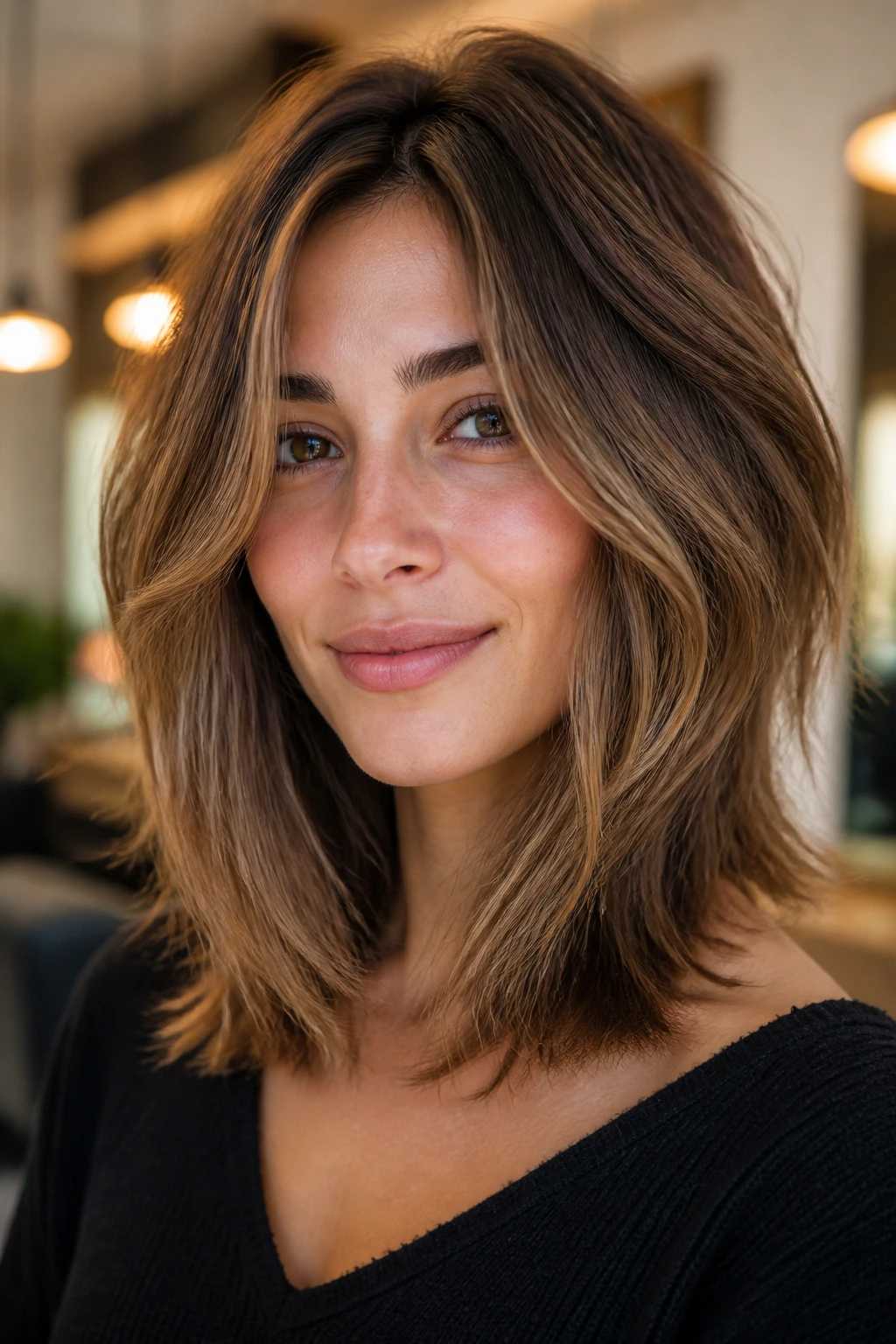 Close-up portrait of a real woman with a layered lob and internal lift.