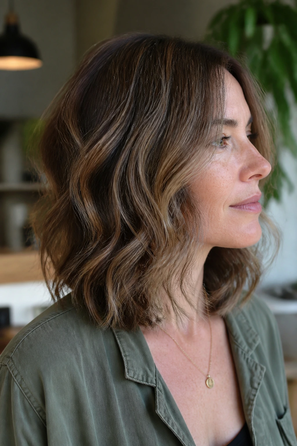 Portrait of real woman with layered lob showing inner weight removal and full perimeter