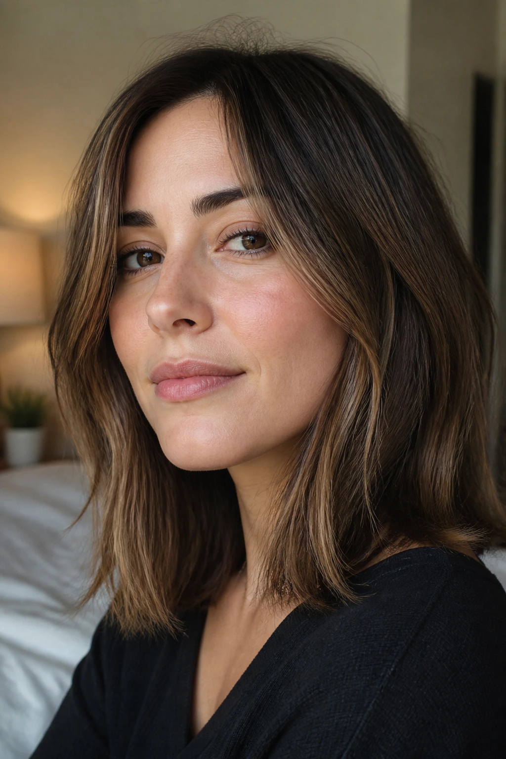 Close-up of a real woman with a long layered lob and natural air-dried texture
