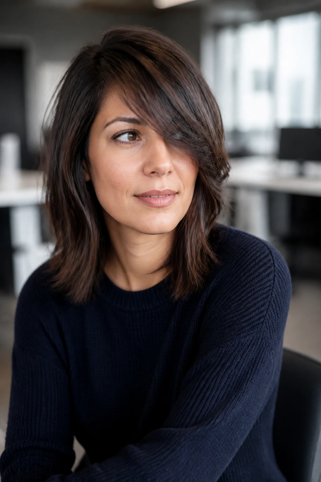 Mid-shot of layered lob with long fringe in a modern office setting