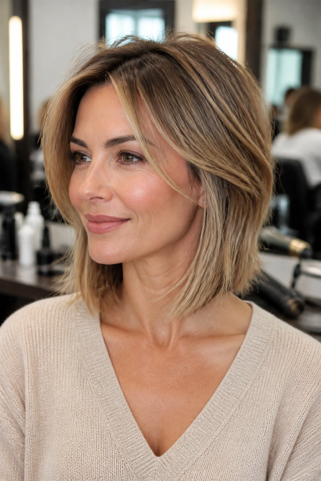 Close-up of a real woman with front pieces and lifted crown on a layered lob in bright salon light