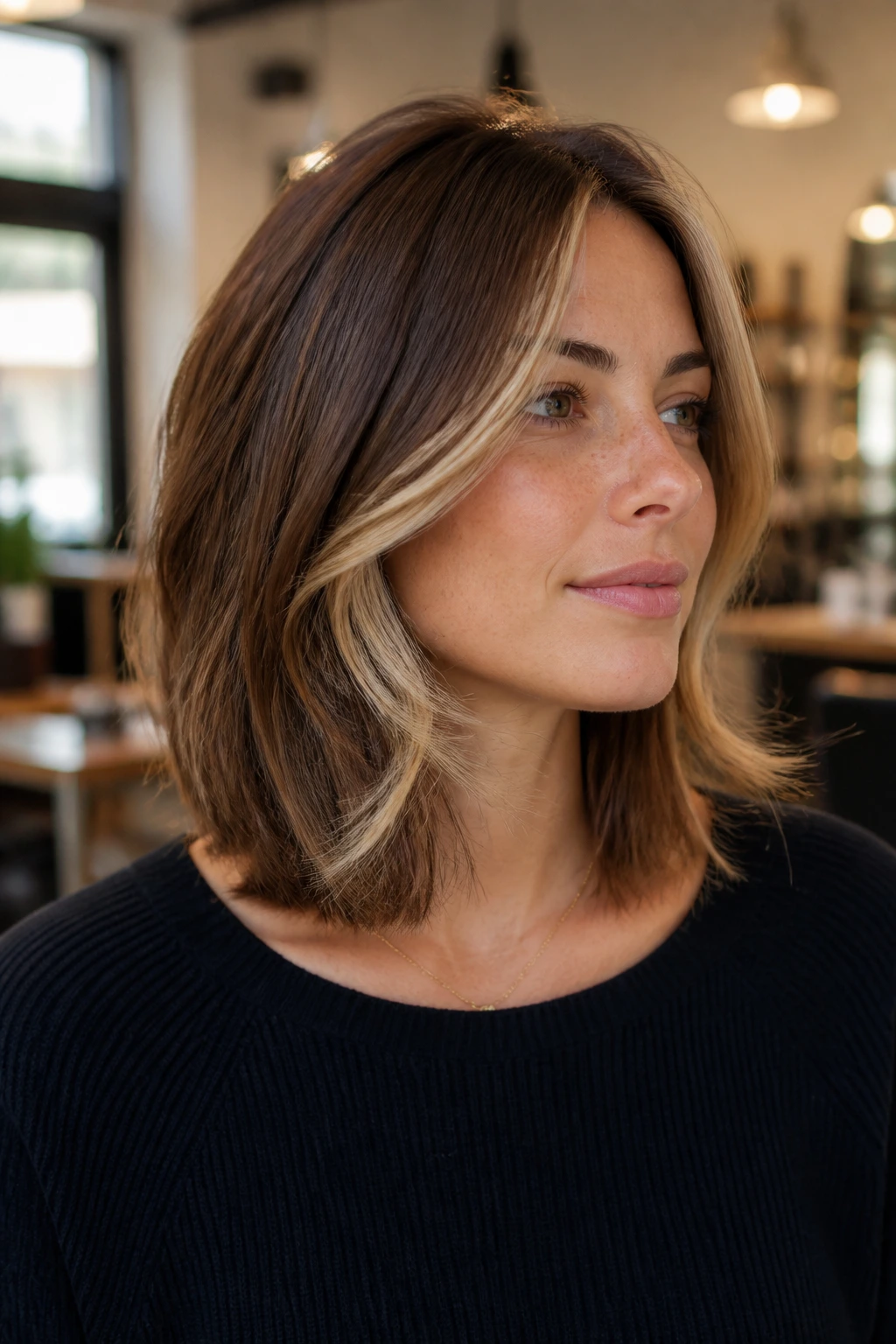 Close-up portrait of a real person with Layered Lob with a Money-Piece Accent hairstyle featuring face-framing highlights in a salon setting