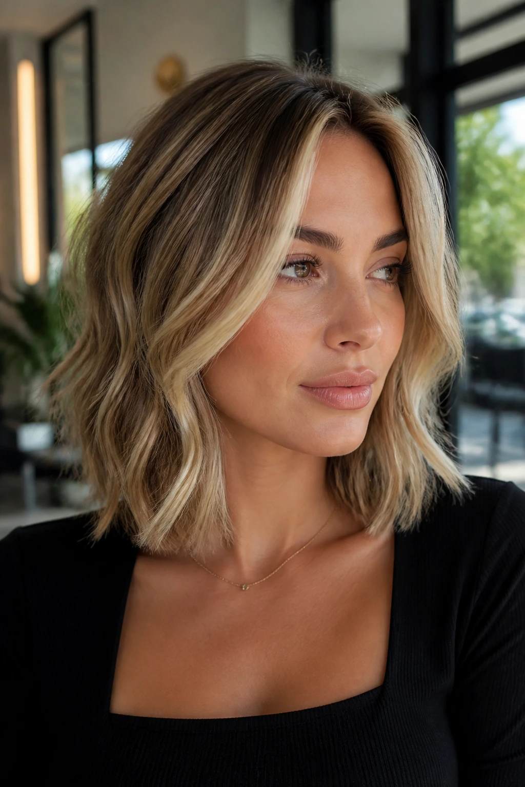 Close-up of layered lob with sandy blonde face frame on a real person in a sunny salon.