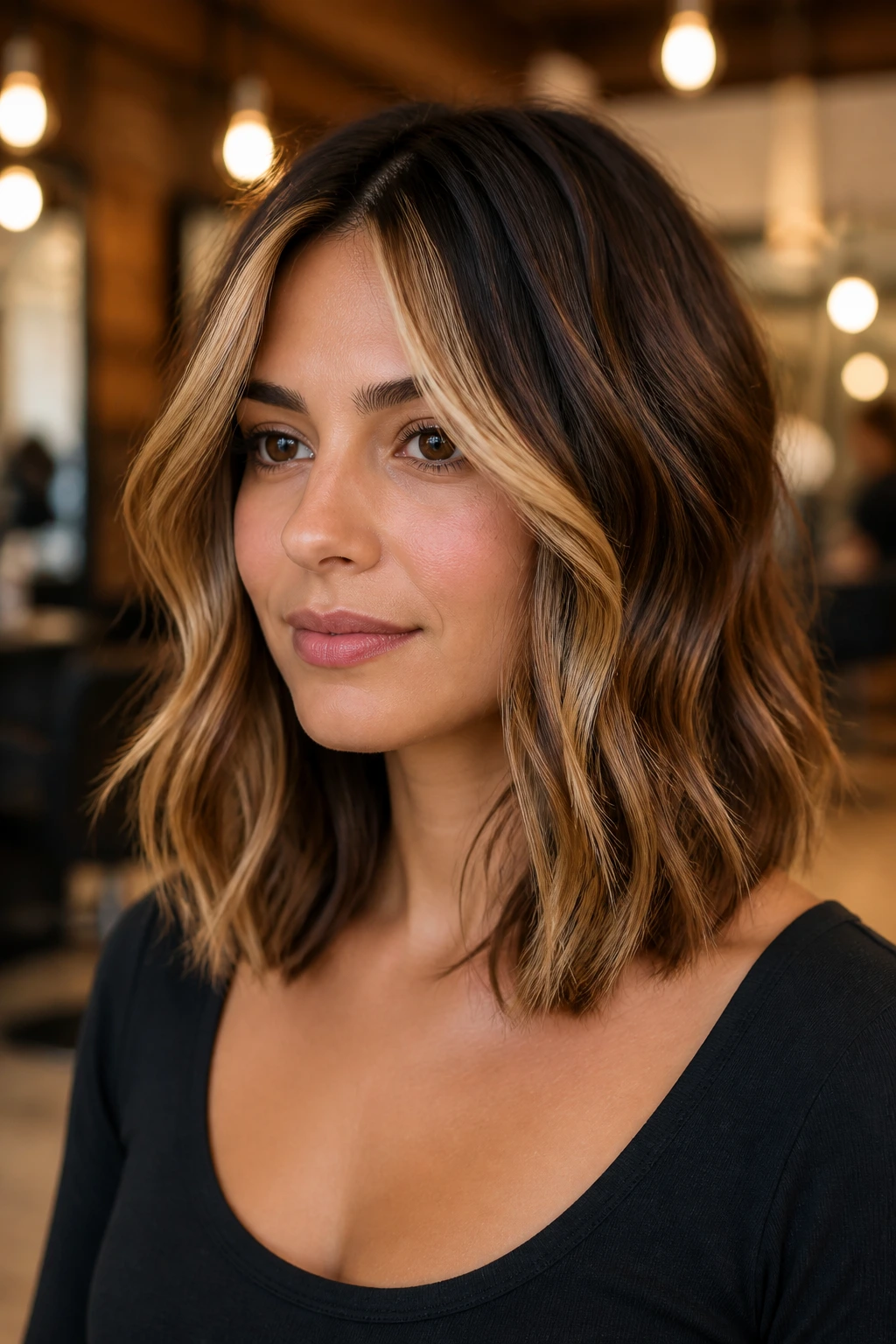 Close-up of a real woman with layered lob shag and front money piece caramel highlights.
