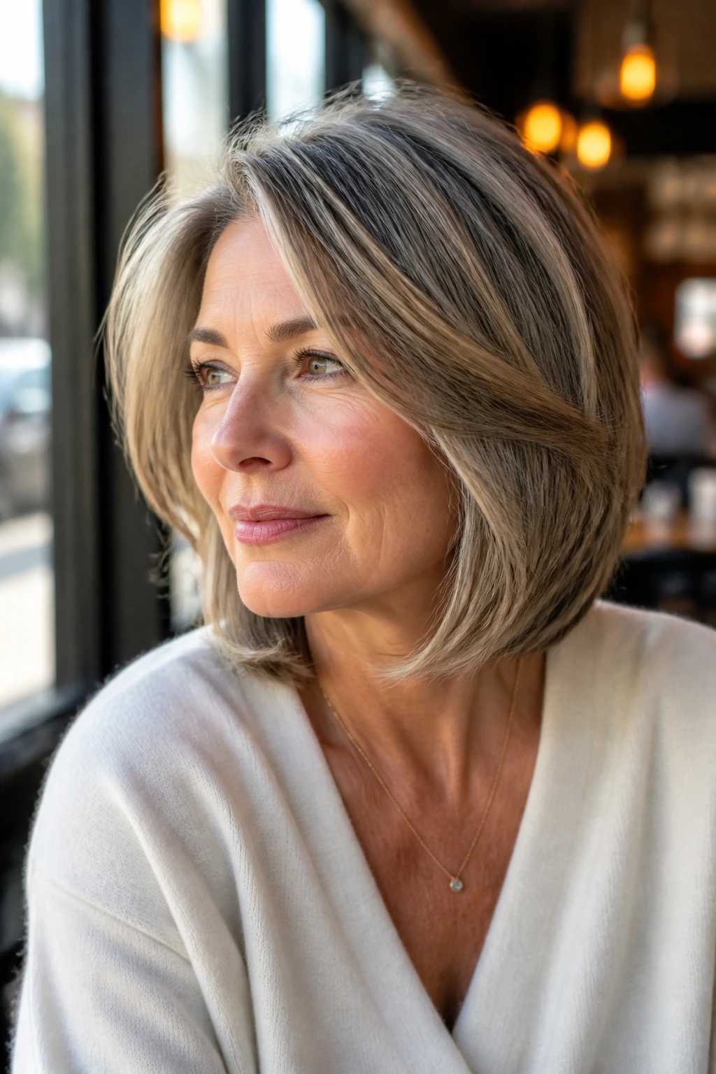 Close-up portrait of a real woman with Layered Lob with a Side Part, showing layered cut and side-parted front.