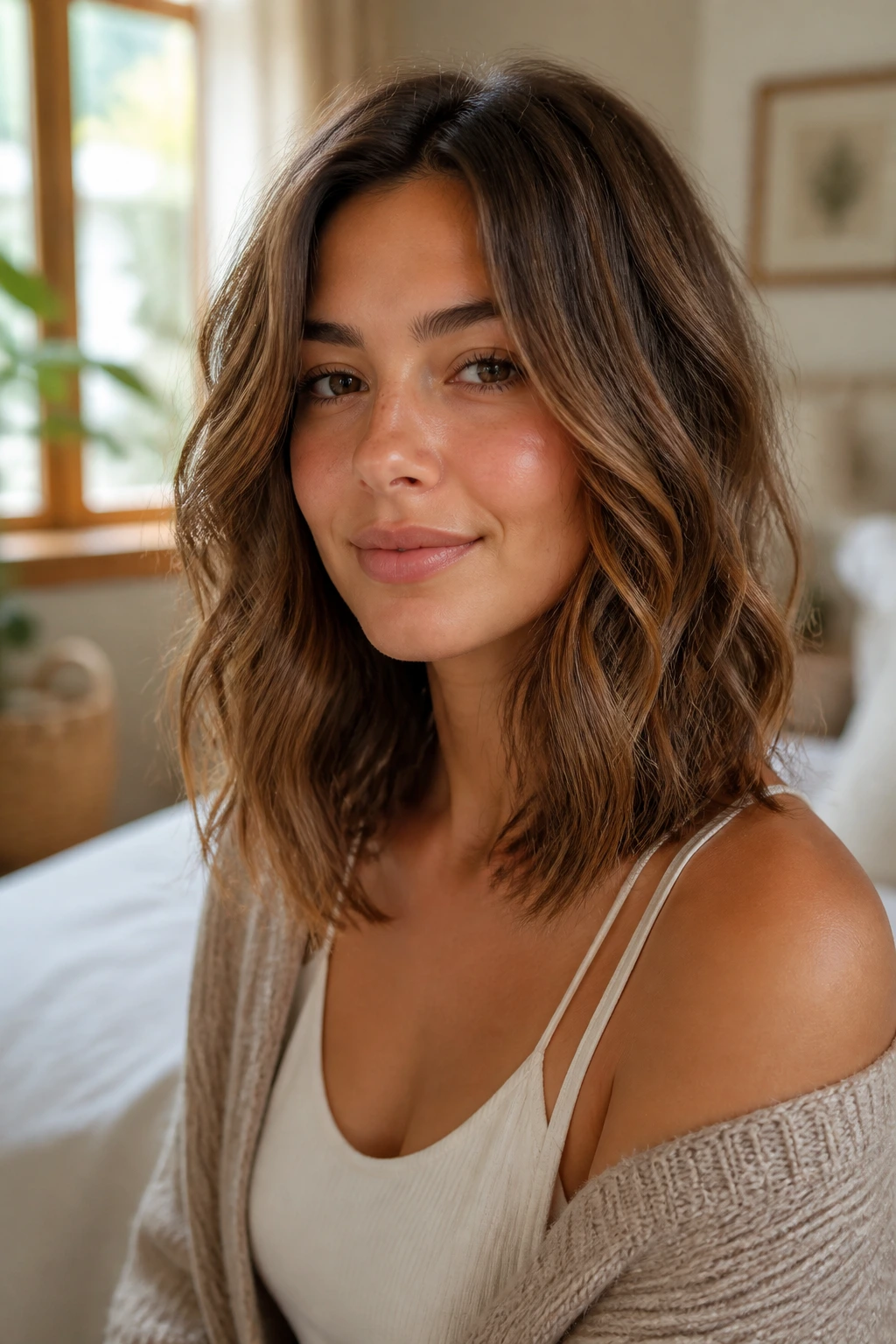 Close-up of a woman with layered lob and soft V-line hairstyle.