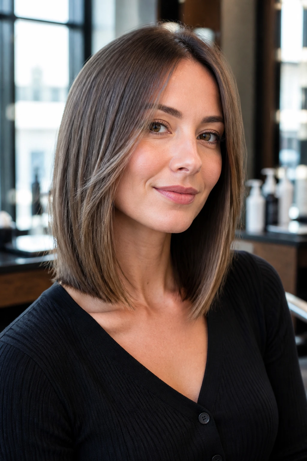 Portrait of a real person with layered lob on straight hair in a salon setting.