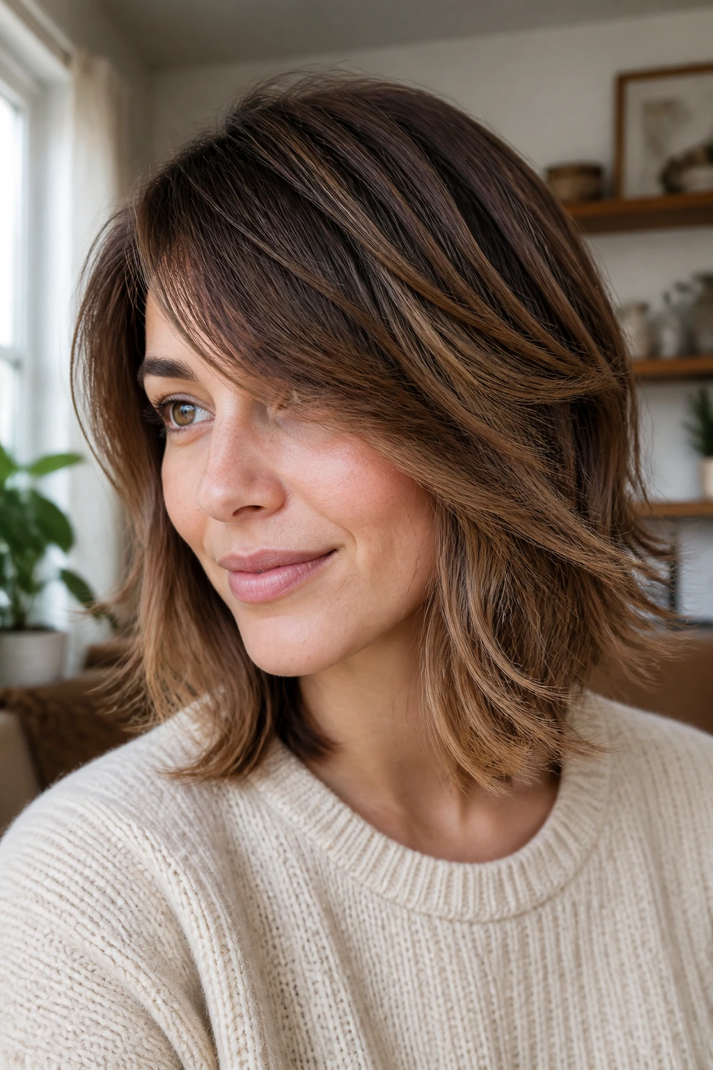 Close-up of real woman with layered lob and undone flicks