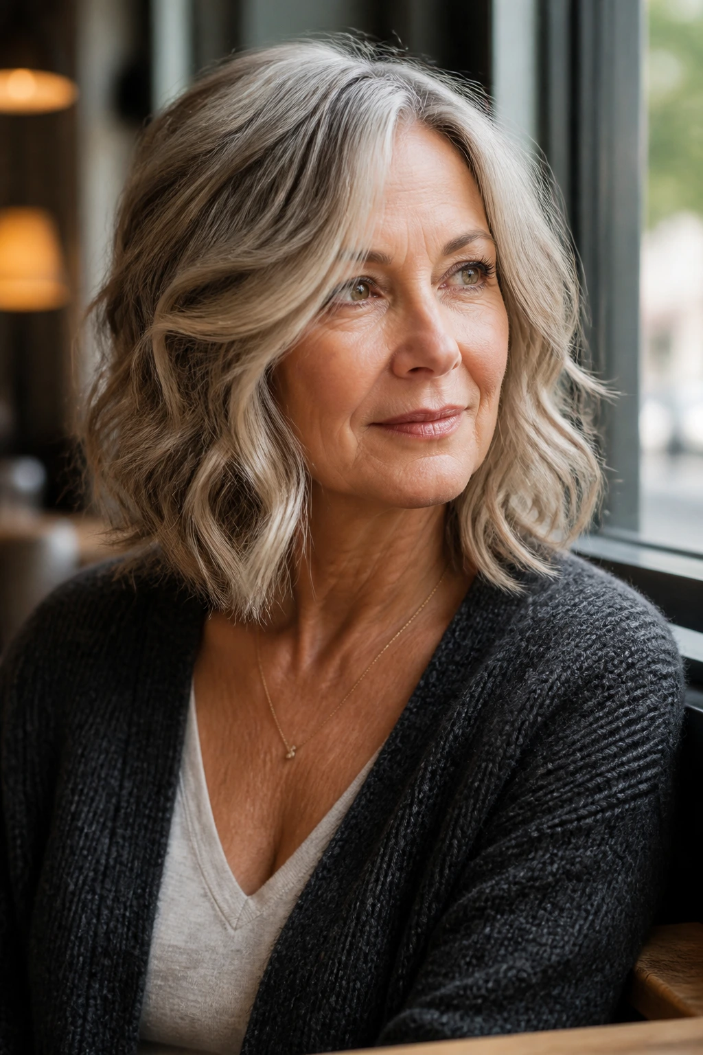 Close-up of a real woman with layered lob and loose waves over the shoulders.