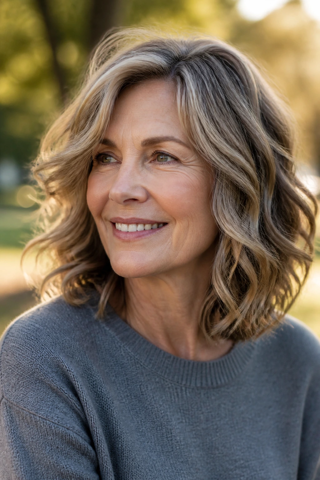 Portrait of a woman with layered lob and lively waves in park lighting