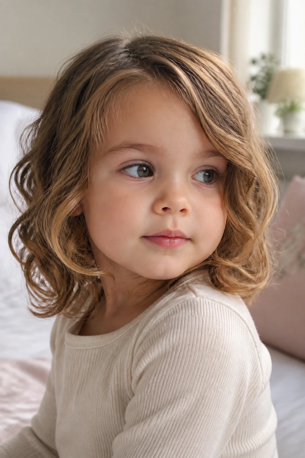 Close-up of a toddler with layered lob haircut showing interior movement