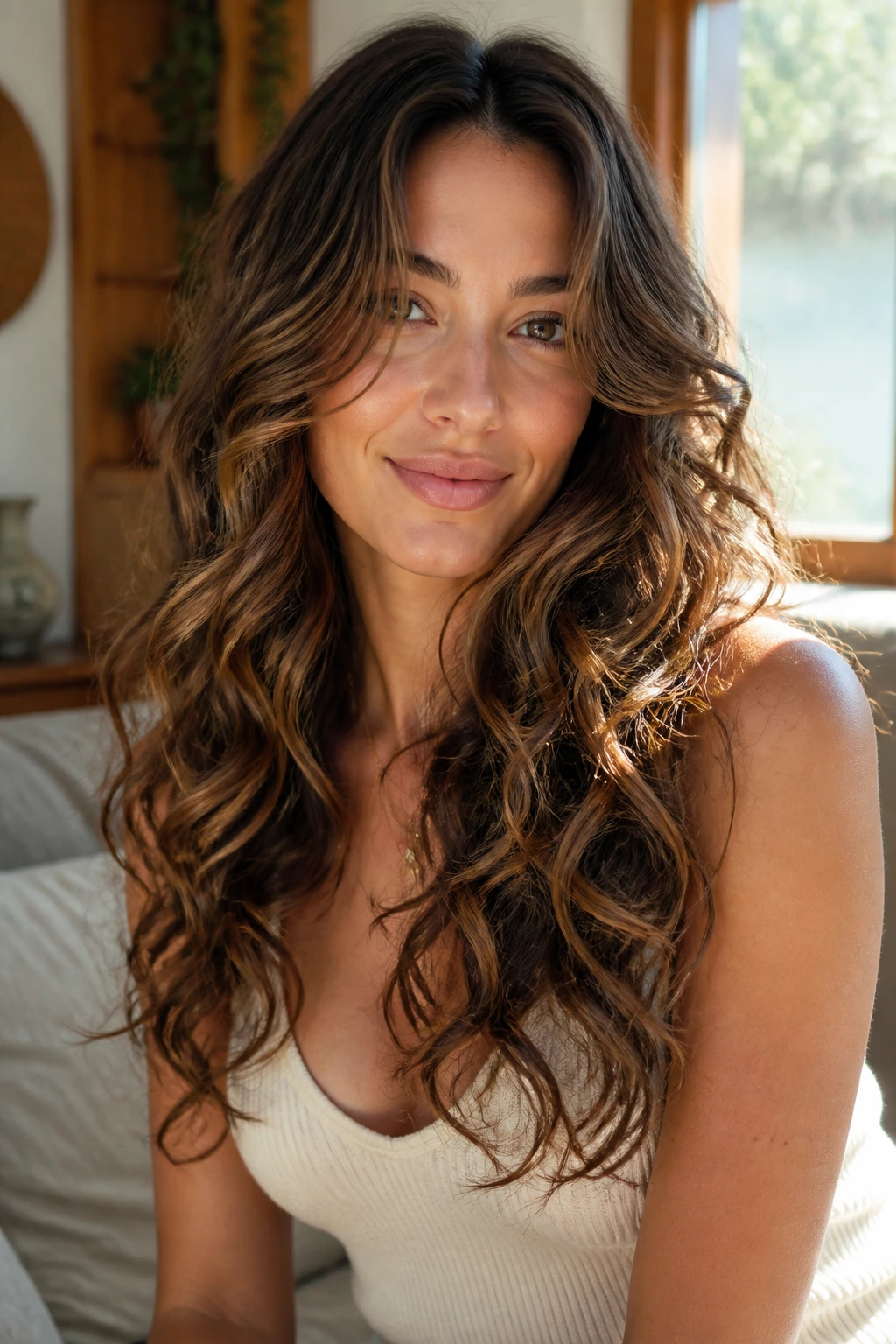 Close-up of a real woman with long loose curls and medium layers in a sunlit living room