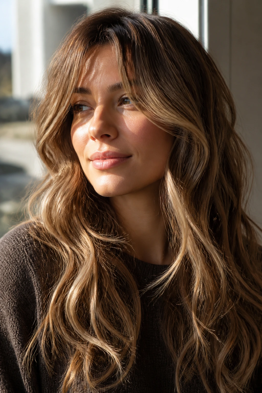 Real woman with long layered waves softly framing her face