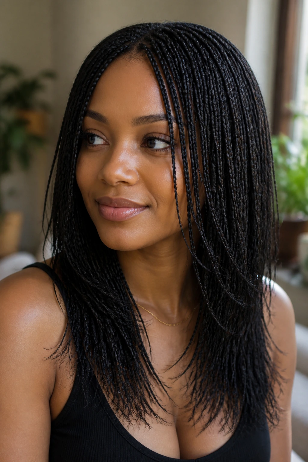 Close-up portrait of layered micro braids on a real person with face-framing layers