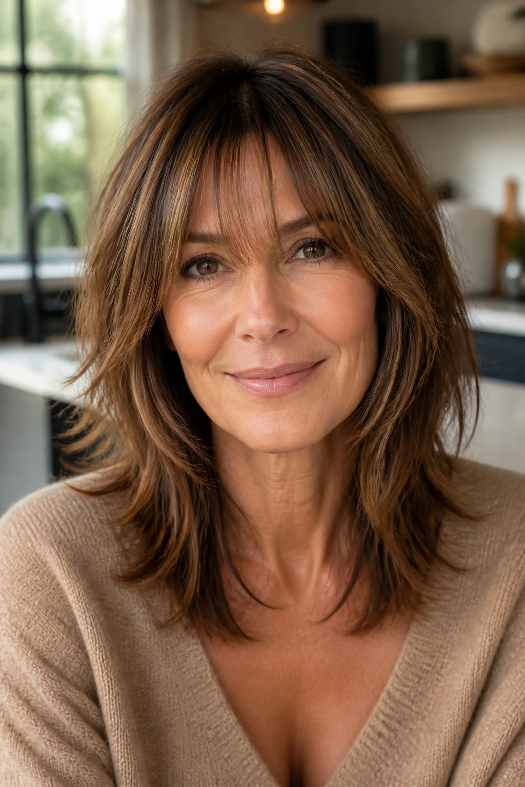 Close-up of a real woman with layered mid-length hair and piecey bangs