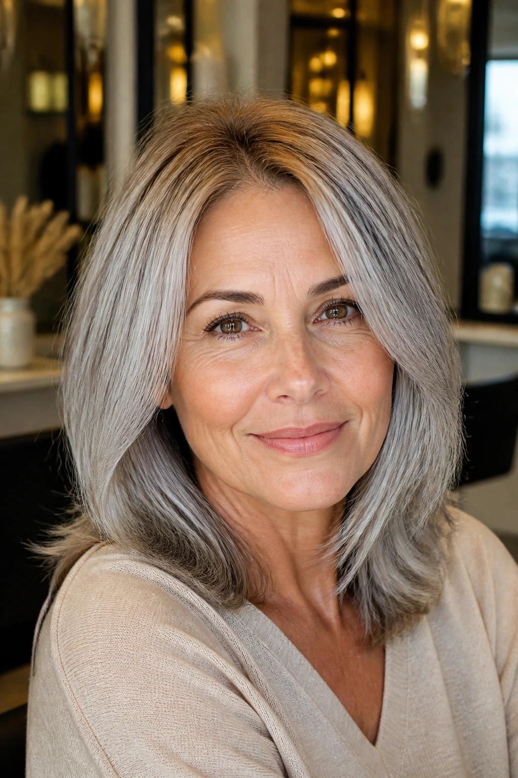 Medium close-up of a real woman with layered grey hair and caramel root smudge
