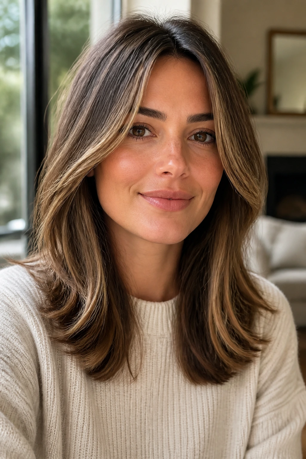 Portrait of a real person with layered mid-length cut and extra face frame
