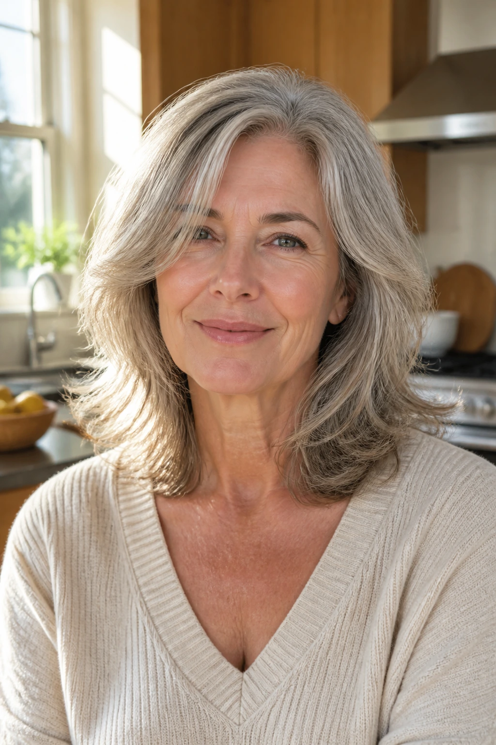 Portrait of a real woman with layered mid-length cut and feathered ends in bright sunlight.
