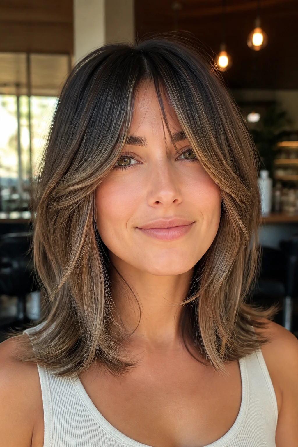 Close-up portrait of a real woman with bottleneck bangs and layered mid-length hair in a salon