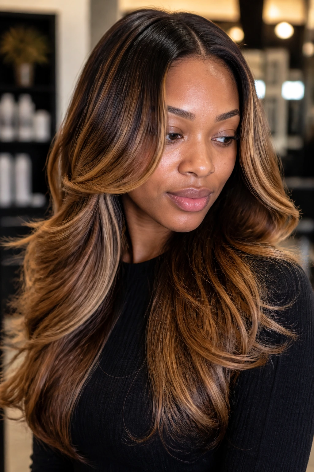 Portrait of a real woman with layered middle-part sew-in and melted balayage
