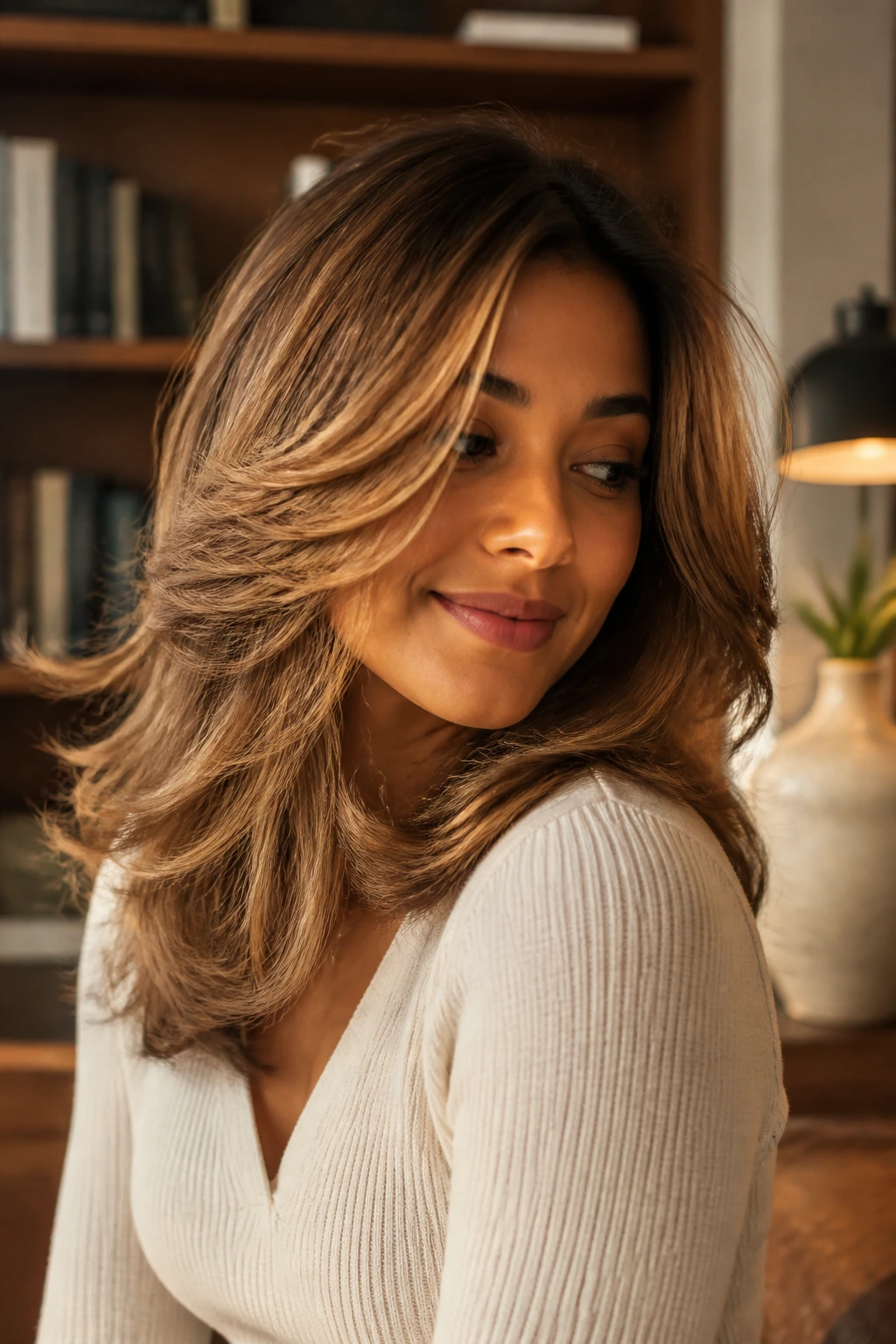 Real woman with layered midi cut and buttery caramel color in warm light