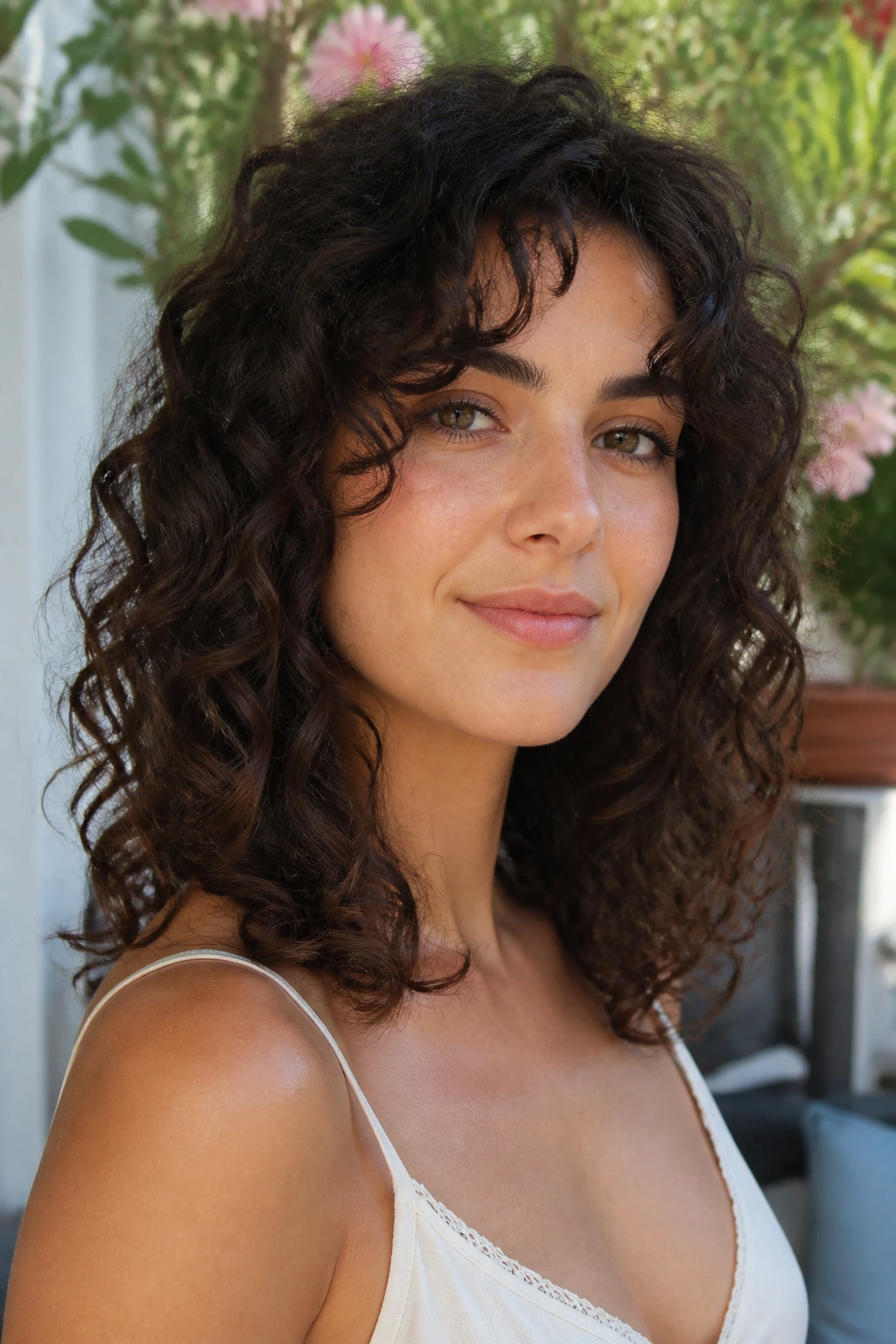 Close-up of a real woman with a layered midi curly cut shaping the face