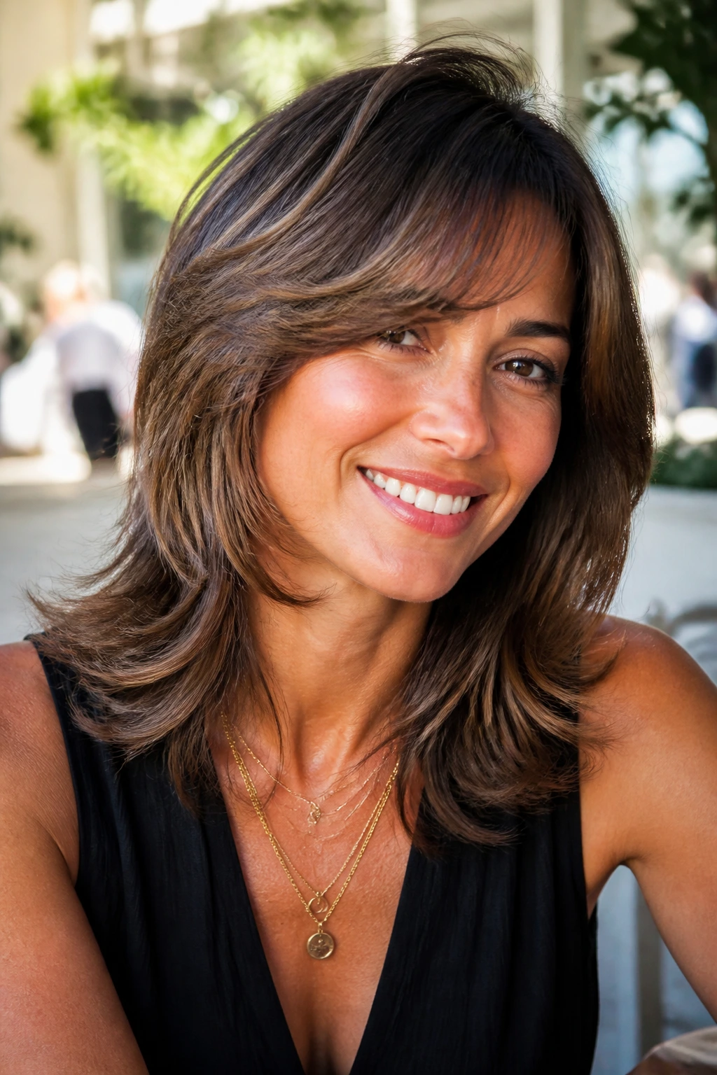 Close-up portrait of a real woman with layered mid-length hair and flicked ends in a sunlit setting