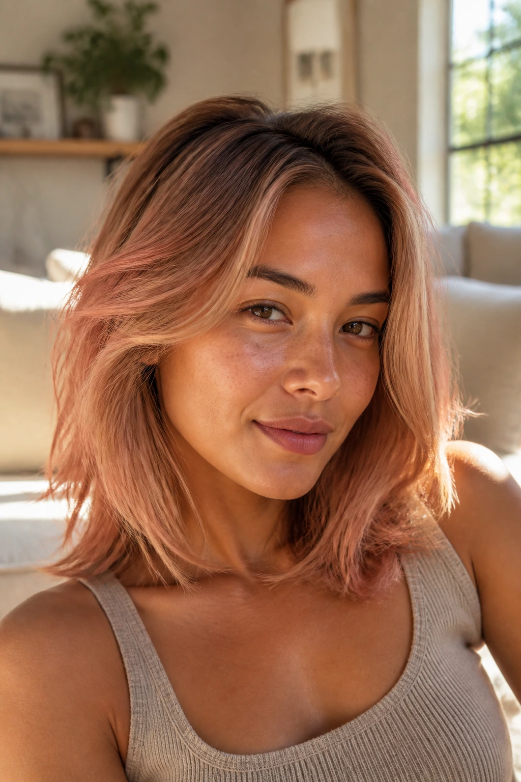 Close-up of a real woman with layered midi champagne-strawberry hair, warm window light.