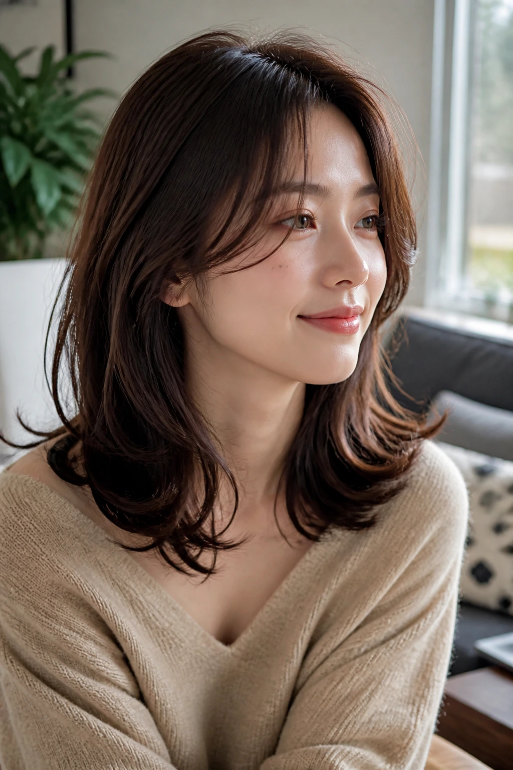 Real woman with layered midi cut and subtle S-curled ends.