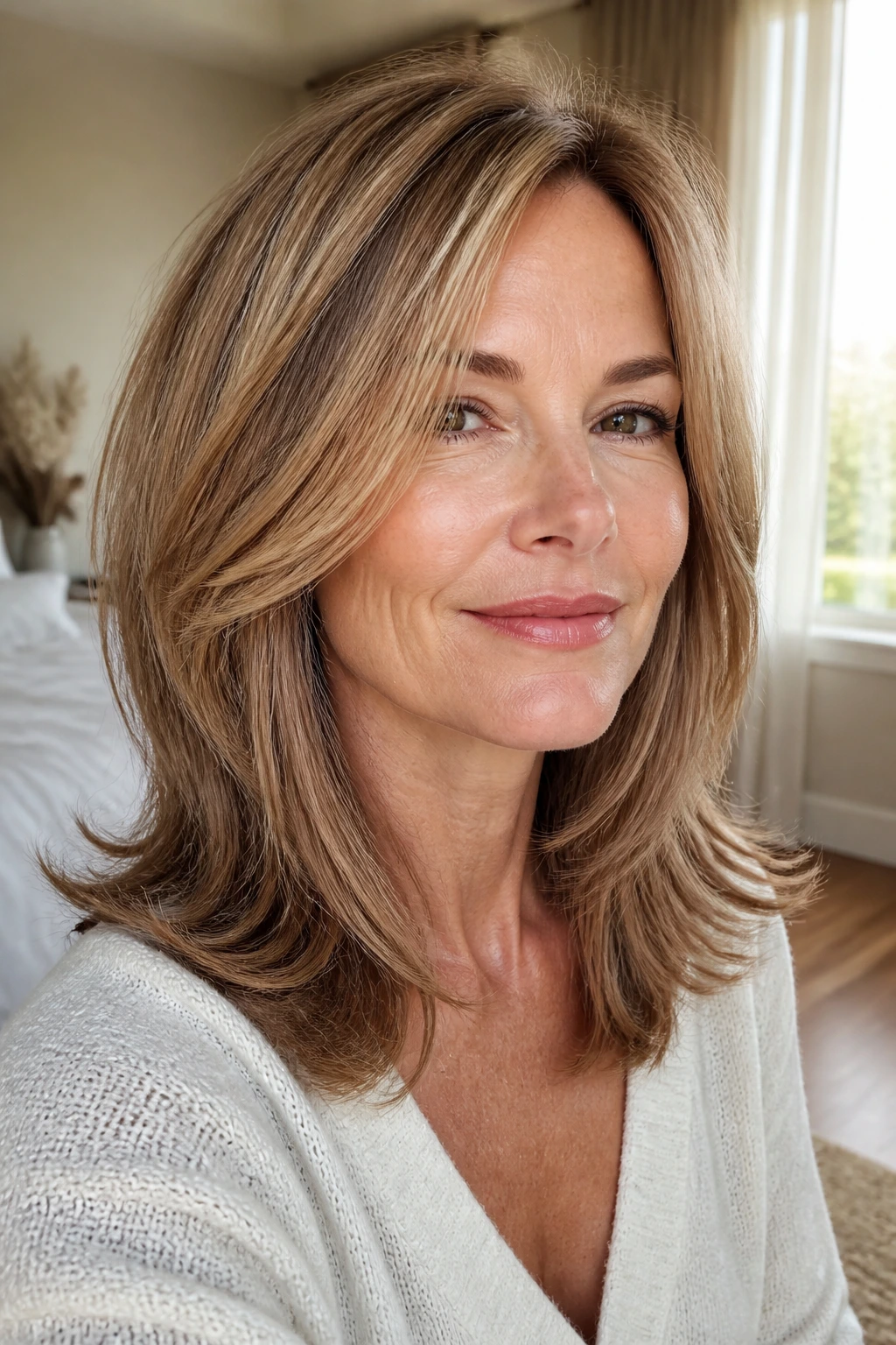 Close-up of a real woman with a layered midi cut and polished ends in warm window light