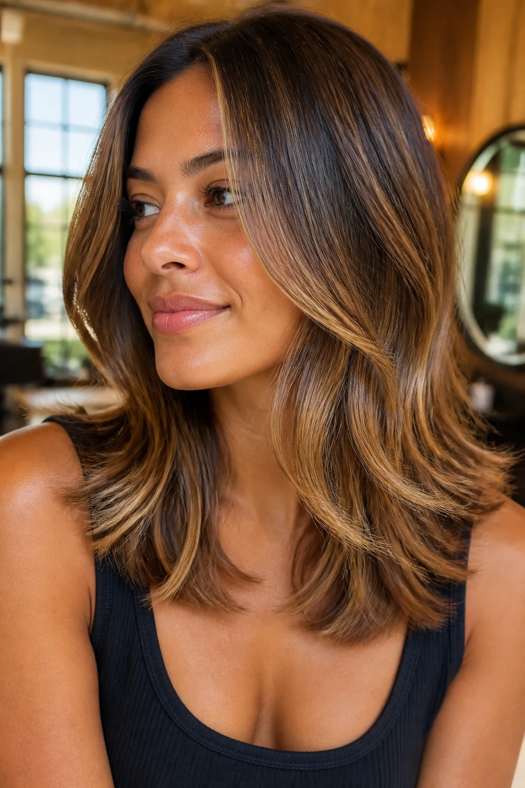 Close-up portrait of a real woman with layered midlength hair and toasted honey caramel ends around the collarbone
