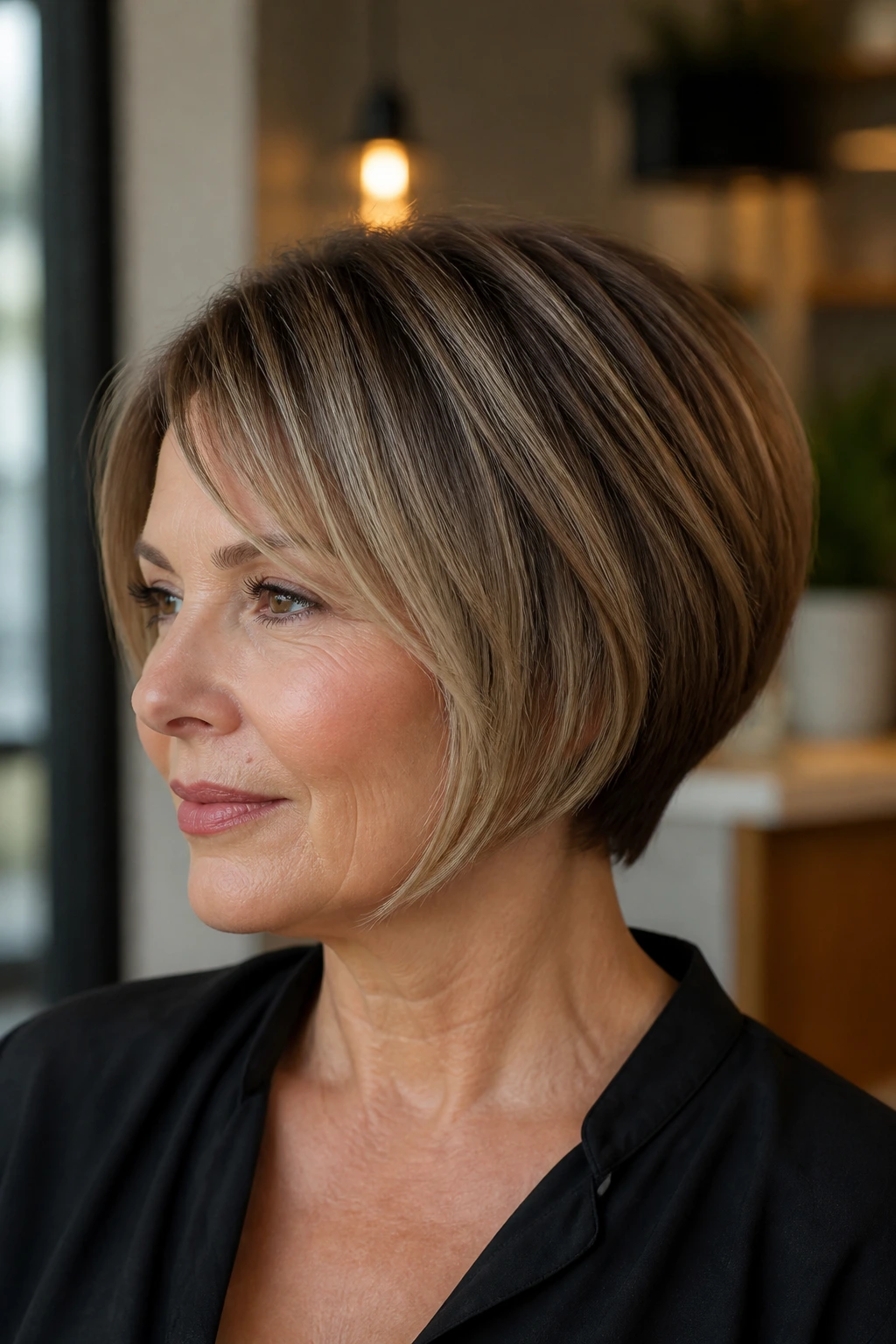 Layered mini bob with a rounded back on a real person.