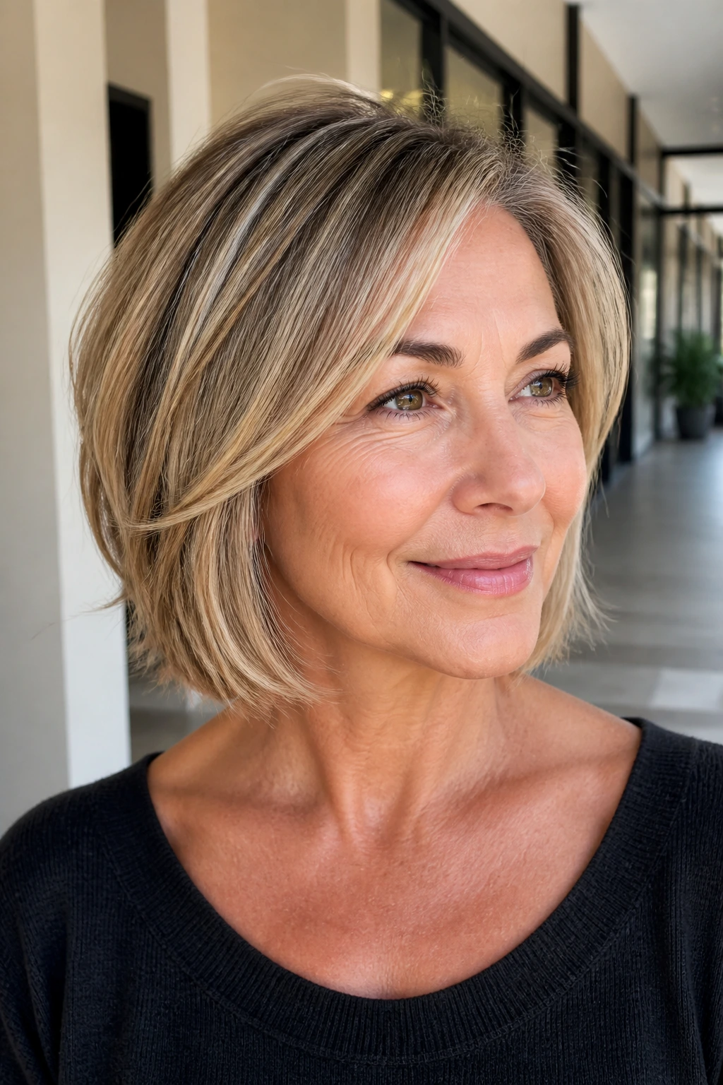 Close-up of a real woman with a layered mini lob in bright indoor light
