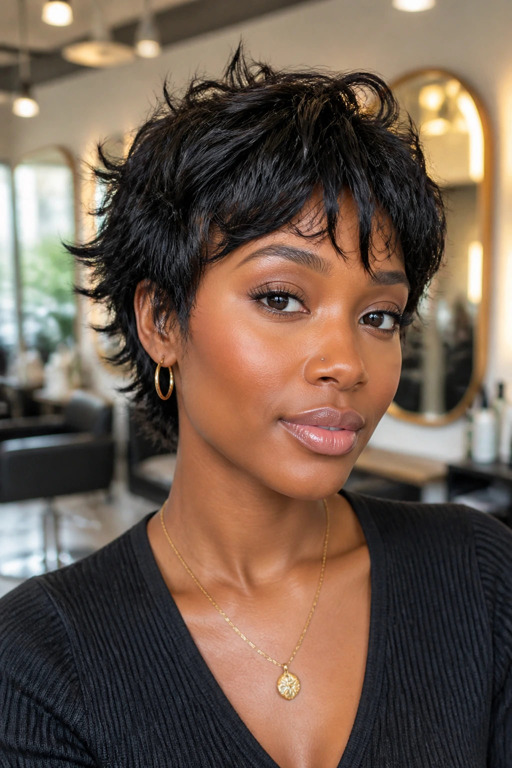 Close-up of a real Black woman with a layered mini shag