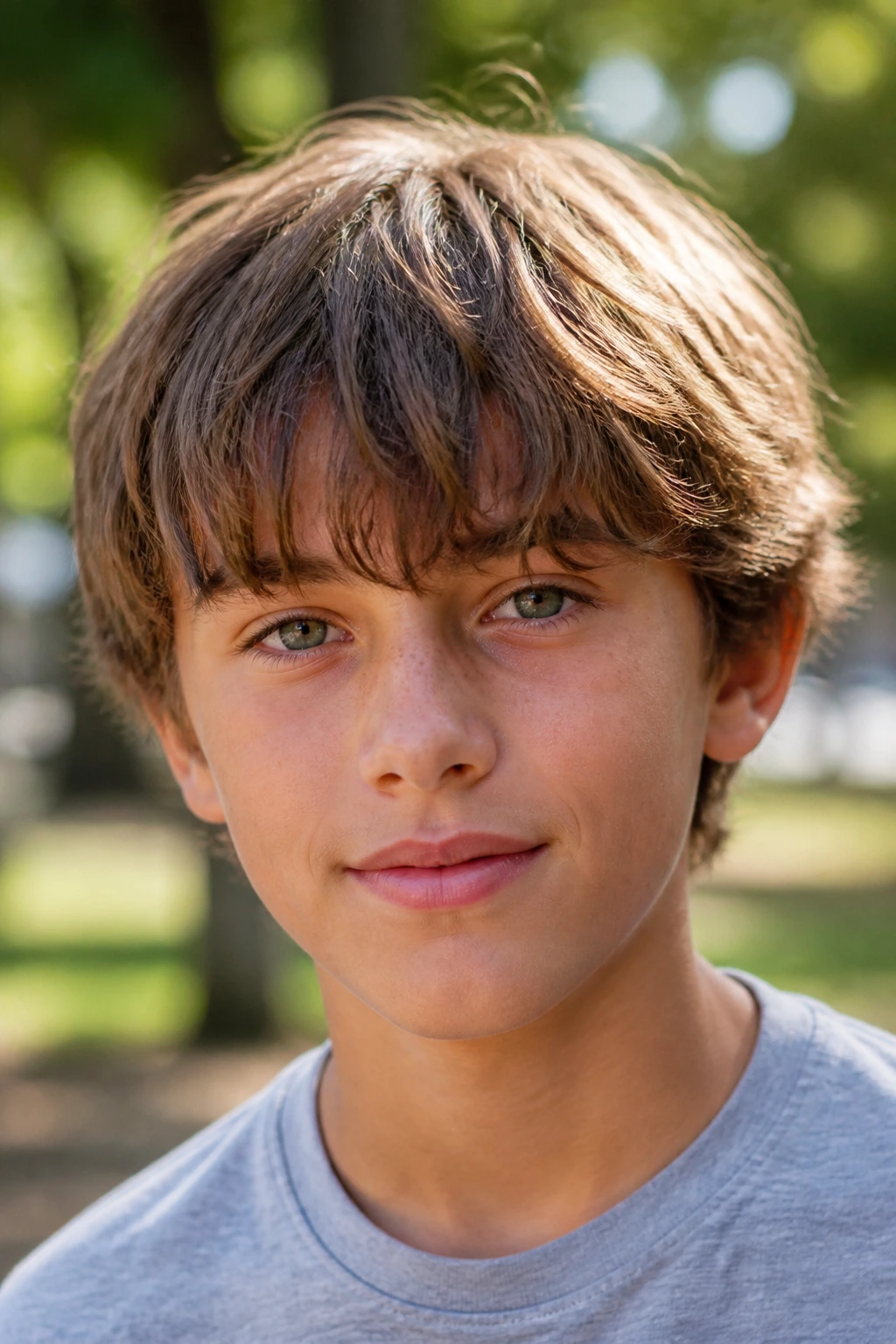 Real boy with layered mop top in a sunlit park setting.