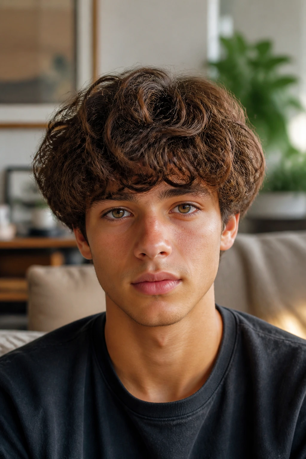 Boy with layered mop top and rounded shape hairstyle
